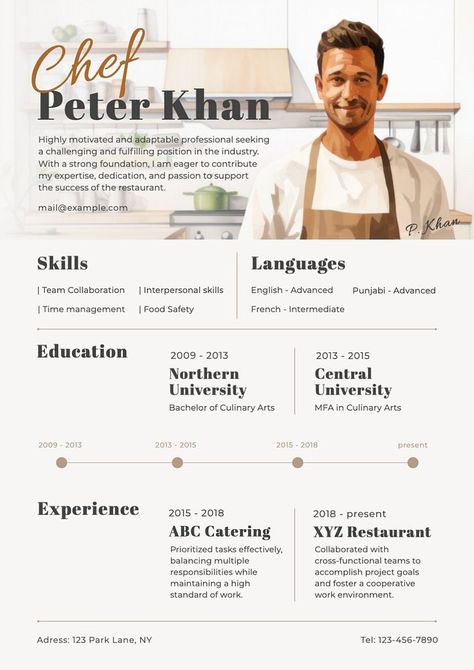 Chef resume template, editable design | premium image by rawpixel.com / Wit Chef Resume, Central University, Interpersonal Skills, Awesome Designs, Resume Design, Culinary Arts, Social Media Templates, Resume Template, Time Management