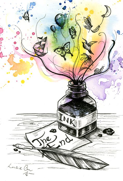 Inktober 31: The End by LucieOn.deviantart.com on @DeviantArt Creativity Illustration Art, Exotic Ink Drawing, Ink Spill Art, Dream Ink Drawing, Inktober Art Ideas, Ink Bottle Illustration, Bottle Spilling Drawing, Spill Art Ideas, Spill Art Drawing