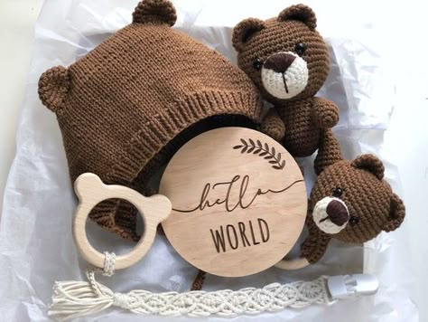 Gift For Siblings, Wooden Milestone, Knitted Bear, Bear Baby Shower Theme, Baby Hamper, Baby Gift Box, Baby Gift Basket, Foto Baby