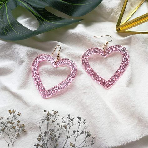 UJBOX Pink Large Geometry Round Acetate Acrylic Drop Earrings For Women Japan Korea Heart Dangle Earrings Wholesale E136 Pink Heart Earrings, Pink Acrylic, Glitter Earrings, Pink Acrylics, Heart Dangle Earrings, Heart Shaped Earrings, Glitter Hearts, Pink Earrings, Girls Earrings