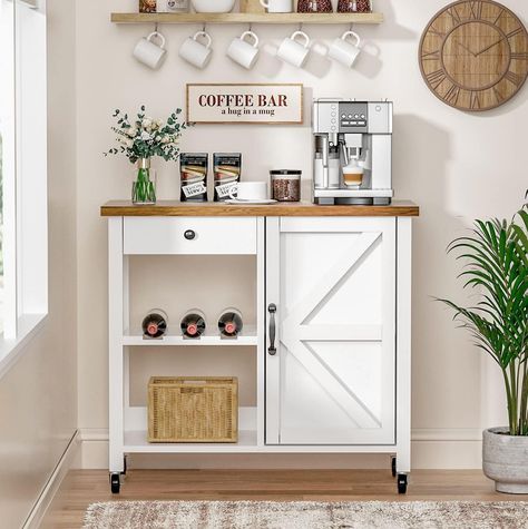 PRICES MAY VARY. Farmhouse Style Coffee Bar Carts – This Coffee bar cart combines delicate wood beauty, striking farmhouse barn design and black metal parts to create a farm-style atmosphere that adds a unique aesthetic and rustic charm to your home. Small and exquisite, suitable for small space using. This is an amazing gift not to be missed for your friends who are decorating their homes. Multi-Functional Coffee Station Table - Coffee bar cabinet with 2 fixed open shelves, a drawer and cabinet Coffee Bar Carts, Style Coffee Bar, Corner Coffee Bar, Diy Kitchen Hacks, Coffee Bar Cart, Portable Kitchen Island, Coffee Bar Station, Farmhouse Coffee Bar, Coffee Bar Design