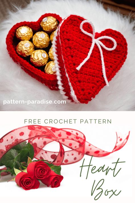 Free Crochet Pattern: Heart Box | Pattern Paradise Free Heart Crochet Pattern, Crochet Valentine Patterns, Crochet Heart Pattern, Valentines Patterns, Valentines Crochet, Crochet Basket Pattern, Crochet Decoration, Holiday Crochet, Box Patterns