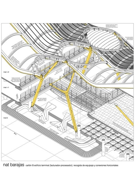 Madrid-Barajas Airport Terminal 4,Axonometric Airport Architecture, Richard Rogers, Airport Terminal, Airport Design, Airports Terminal, Architecture Graphics, Parametric Design, Roof Structure, Structure Architecture