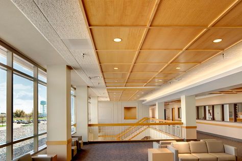 Red Oak Wood Grid and Panel ceiling.  The panels are perforated.  www.5thwalldesigns.com Wood Grid Ceiling, Grid Ceiling Office, Metal Grid Ceiling, Wooden Grid Ceiling, Wood Ceiling Restaurant Design, Veneer Groove Pattern Ceiling, Grid Ceiling, Panel Ceiling, Red Oak Wood