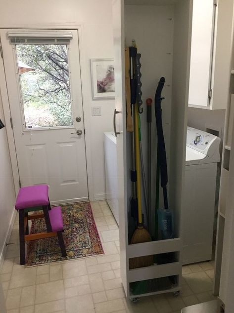 Storage Solutions for Your Small Laundry Room - Utilize every square inch with a rolling broom closet to hide away your brooms and mops. Broom Organizer Diy, Garage Broom Storage, Laundry Room Broom Closet, Apartment Storage Solutions, Broom Storage, Closet Room Organizer, Mobile Ideas, Laundy Room, Laundry Room Storage Shelves