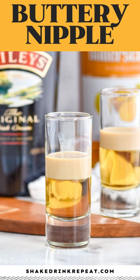 The Buttery Nipple Shot is a smooth, decadent shooter with layered flavors of butterscotch and Irish cream. With only two Buttery Nipple shot ingredients, this drink is a creamy, sweet, and easy way to please a crowd in any season. Serve this shot after dinner as dessert or any time you have a hankering for something sweet! Fall Shooters Alcohol, Whiskey Shots Recipes, Shooters Alcohol Recipes, St Patty Drinks, Alc Drinks, Bartending Ideas, Lake Recipes, Witches Party, Shooter Recipes