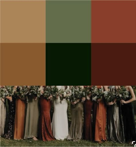 Fall Wedding Colors Bronze, Orange Green Tan Wedding, Dark Green And Dark Orange Wedding, Green Orange And Cream Wedding, Green Blue Orange Bridesmaids, Forest Green And Bronze Wedding, Cinnamon And Emerald Wedding, Fall Color Palette Bridesmaid Dresses, Earthy Tones For Wedding