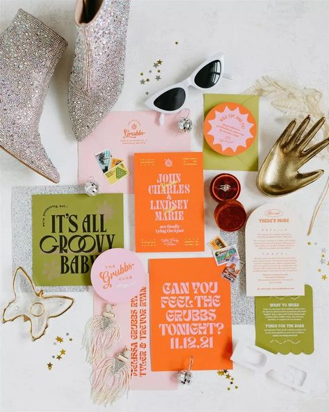 Pinterest Reveals the Top 2024 Wedding Trend Retro Color Wedding, Funky Wedding Color Palette, Retro Colorful Wedding, Retro Wedding Party, Funky Wedding Invites, Maximalist Wedding Invitations, Colorful Disco Wedding, Colorful Wedding Invites, 2024 Wedding Invitations