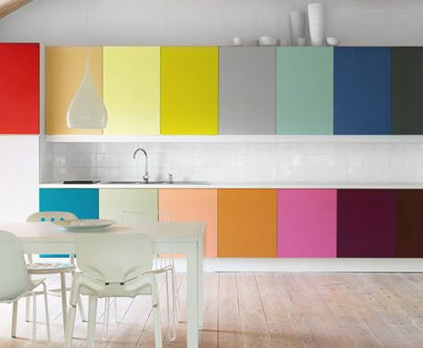 cabinet doors. photo by magnus anesund. Rainbow Cabinets, Rainbow Kitchen, Colourful Kitchen, Серая Кухня, Interiors Kitchen, Kitchen Design Color, Kitchen Cabinet Colors, Kitchen Color, Cabinet Colors