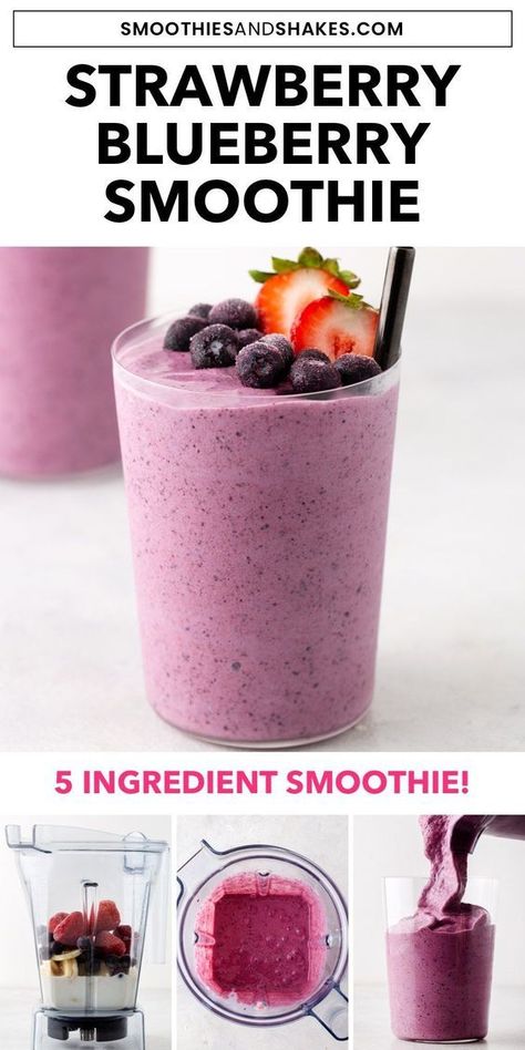 strawberry blueberry smoothie Frozen Fruit Smoothie Recipes, Simple Smoothies, Berry Smoothies, Strawberry Blueberry Smoothie, Superfood Smoothies, Breakfast Drinks, Frozen Fruit Smoothie, Blueberry Smoothie Recipe, Blueberry Banana Smoothie