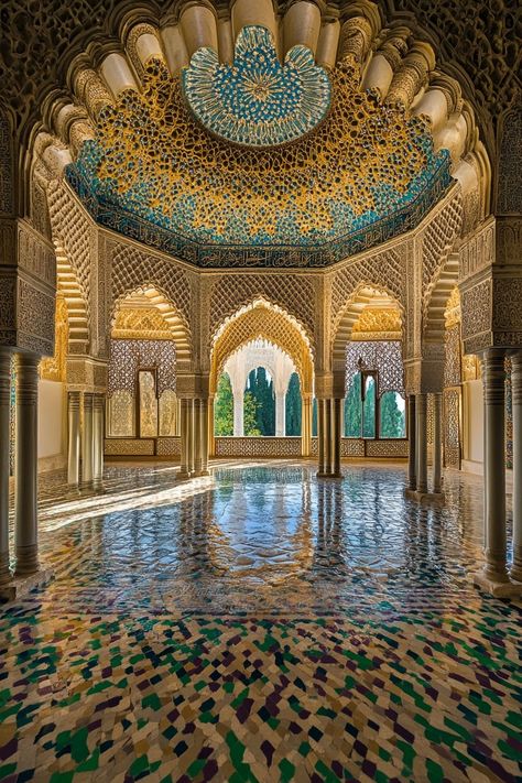 "Marvel at the Alhambra! 🏰🌟 Explore this stunning palace and fortress complex in Spain, renowned for its intricate Moorish architecture. ✨ #Alhambra #SpanishHistory #TravelSpain" Islamic Architecture Photography, Spain Islamic Architecture, Spanish Islamic Architecture, Alhambra Palace Pattern, Spain Mosque, Arabian Castle, Arabic Palace, Alhambra Architecture, Famous Architecture Buildings