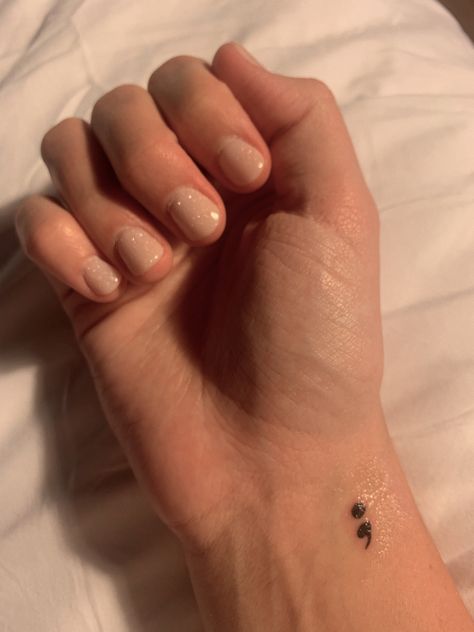 Stick And Poke Semicolon, Stick And Poke Tattoo Meaningful, Recovery Tattoos Small Meaningful, Prevention Tattoo, Simple Hand Tattoos, Stick Poke Tattoo, Waist Tattoos, Hand Tattoos For Girls, Semicolon Tattoo