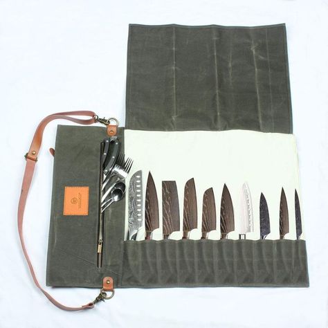 Wessleco Chef Knife Roll Bag (10 Pockets), Waxed Canvas Knife Carrying Case Storage Chef Bag, Chef Knife Bags, Roll Up Design, Knife Bag, Knife Roll, Knife Storage, Case Knives, Camping Bag, Carrier Bag