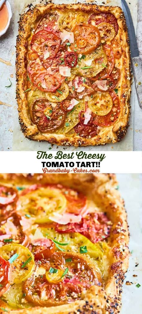 Tomato Tart Tomato Pot Pie, French Tomato Pie, Tomatoes Breakfast Recipes, Easy Tomato Tart Recipe, Savory Tarts Main Dishes, Vegetarian Dishes Summer, Tomato Pie With Puff Pastry, Tomato Pie Puff Pastry, Tomatoe Tart Recipes