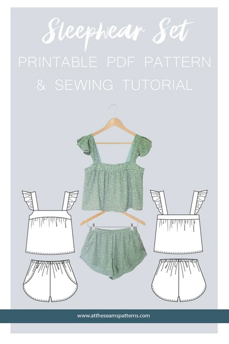 Free Sewing Patterns Tops Trendy, Free Sleepwear Sewing Pattern, Pajama Set Pattern Sewing Free, Aesthetic Sewing Patterns Free, Free Pajama Pattern, Pajama Set Pattern Sewing, Tops To Sew For Women, Digital Sewing Patterns, Summer Sewing Patterns Free