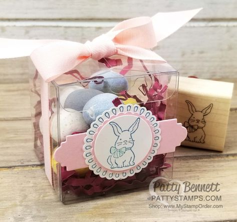 Easter Treat Box - bunny treat box featuring Stampin' UP! A Good Day stamp set, by Patty Bennett Tea Shower Favors, Candy Treat Box, Food Easter, Easter Treat Box, Box Bunny, Patty Bennett, Stampin Up Easter, Easter Egg Candy, Easter Favors