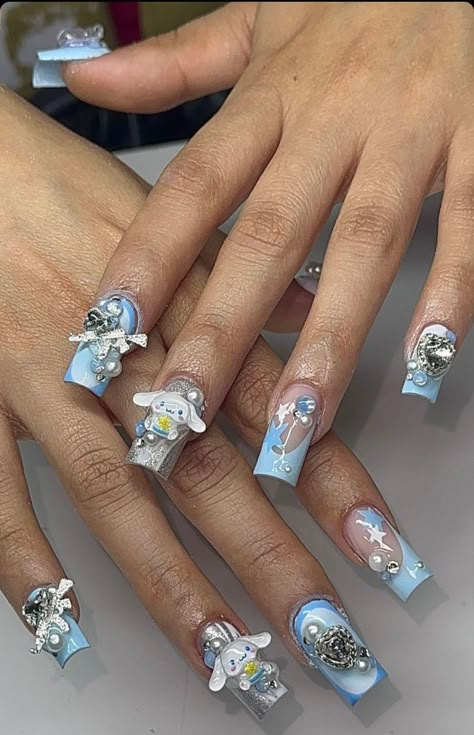 sanrio, soft girl, y2k, cybery2k, acrylic nails, cinnamonroll, hello kitty, kuromi, stars, my melody, pink, blue, cute, ling nails, french tip, ak47, pearls, boujee Hello Kitty Star Nails, Sanrio Nails Acrylic Simple, Cinnamon Roll Nails Acrylic, Kuromi And Hello Kitty Nails, Light Blue Hello Kitty Nails, Cinnamon Rolls Sanrio Nails, Hello Kitty Cinnamon Roll Nails, Cinnamon Roll Acrylic Nails Sanrio, Blue Sanrio Nails