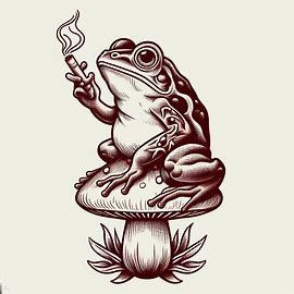 Frog On Skateboard Tattoo, Magic Mushroom Tattoo Design, Frog With Guitar Tattoo, American Traditional Toad Tattoo, Black Frog Tattoo, Frog Sitting On Mushroom Drawing, Frog Mushroom Tattoo, American Traditional Frog Tattoo, Frog Flash Tattoo