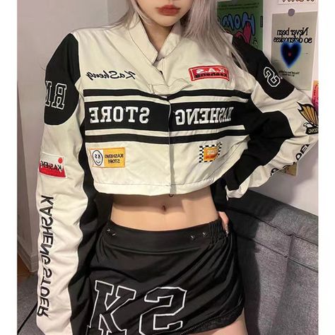 Sporty Jacket Outfit, Race Car Jacket, Racing Jacket Outfit, Vintage Racing Jacket, Button Embroidery, Race Outfit, Print Outerwear, Jacket Varsity, Loose Pullover Sweater