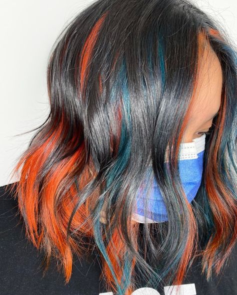 Blue And Orange Hair Color, Blue To Orange Hair, Sally’s Hair Dye, Orange And Black Hair Color, Orange And Teal Hair, Copper And Blue Hair, Blue Orange Hair, Brown And Orange Hair, Orange And Blue Hair