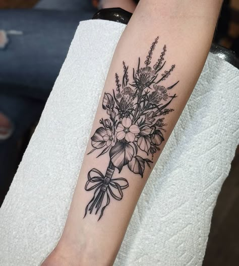 Floral Bouquet Half Sleeve Tattoo, Thistle Arm Tattoo, Black And White Flower Bouquet Tattoo, Bouquet Of Flowers Tattoo Forearm, Wedding Bouquet Tattoo Sleeve, Thistle Bouquet Tattoo, Wildflower Cover Up Tattoo, Wildflower Bouquet Tattoo Forearm, Bouquet Tattoo With Ribbon