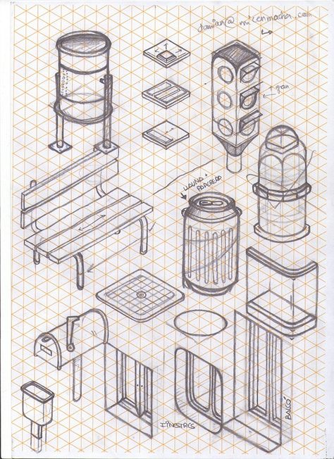 Sketches on a isometric reticle paper! Dont like the lines when im drawin, but in this case the paper helped too much, without the lines would be impossible. I was 2 months just thinking about things you can find in a city, and trying to draw them. :) Chaos Sketch, Isometric Sketch, Sketch Digital Art, Isometric Drawing Exercises, Isometric Paper, Sketch Digital, Urban Design Concept, Drawing Software, God Sticker