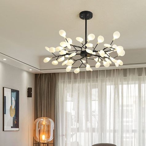 This light is a Firefly Chandelier Pendant light. It is made of acrylic and is meant to be hung up as a decoration for your living room or any other room. It has either 30, 36, 45, or 54 lights, all of which are LED. The light comes in black or gold, and is a very modern looking decoration. It is also very simplistic in design. The light has a 110v-120v voltage and a G4 bulb base.The chandelier is a modern style light fixture that is made from acrylic material. It is a one tier light with dimens Lighted Tree Branches, Acrylic Chandelier, Branch Chandelier, Contemporary Light Fixtures, Hanging Pendant Lamp, Luxury Chandelier, Lampe Decoration, Chandelier Bedroom, Dining Living Room