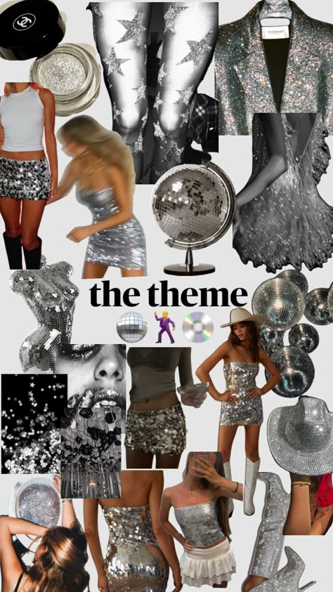 #partyideas #partygirl #stargirl #silvermoodboard Photo Collage Ideas, Disco Party Outfit, 17. Geburtstag, 18th Birthday Party Themes, Sweet Sixteen Birthday Party Ideas, 21st Bday Ideas, Disco Birthday Party, Cute Birthday Ideas, Fest Outfits