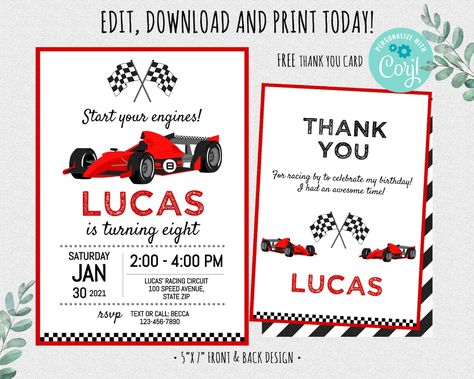 Car Birthday Party Invitations, Car Birthday Party, Cars Birthday Invitations, Anniversaire Diy, Red Race, Race Car Birthday Party, Free Thank You Cards, Race Car Birthday, Car Birthday