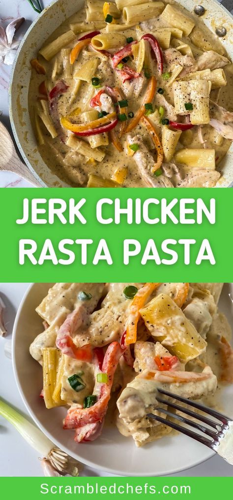 Caribbean Jerk Chicken Pasta, Jerk Alfredo Pasta, Jerk Chicken Alfredo, Shrimp Lasagna, Jerk Chicken Pasta, Rasta Pasta Recipe, Jamaican Chicken, Rasta Pasta, Caribbean Jerk Chicken