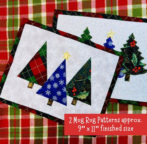 Christmas Trees Mug Rugs, Traditional & Modern Christmas Mug Rugs, Mug Rug Patterns, Christmas Sewing Projects, Perfect Hostess, Rug Patterns, How To Make Christmas Tree, Traditional Christmas Tree, Applique Quilting, Quilt Labels