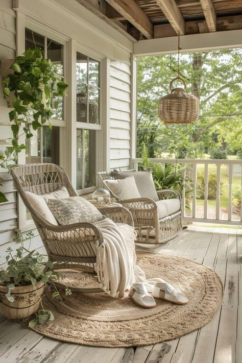 Cottage Back Porch Ideas, Sunroom Furniture, Spring Porch Decor, Front Porch Design, Front Porch Decorating, Patio Designs, Porch Design, Wicker Furniture, Porch Decor