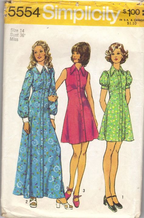 Simplicity 5554 A - Vintage Sewing Patterns 1970 Dress Patterns, 1970 Fashion, Vintage Clothes Patterns, 1970s Sewing Patterns, Patron Vintage, Retro Sewing Patterns, 60s And 70s Fashion, 1970s Dress, Seventies Fashion