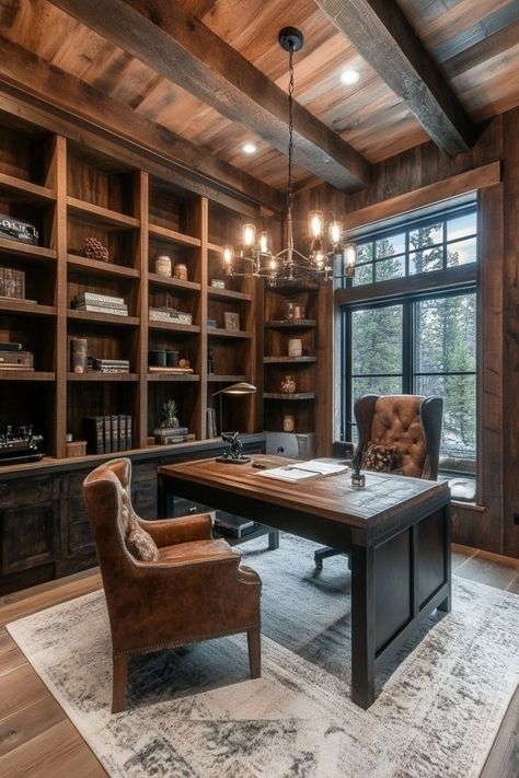 Work in Style with Rustic Home Offices 🖥️✨ Transform your home office with rustic charm. Use natural materials, warm tones, and vintage accents to create a cozy and productive workspace. 🌿🏡 #RusticHomeOffice #HomeDecor #WorkFromHome #OfficeInspo Rustic Home Office, Modern Bureau, Rustic Home Offices, Rustic Office, Cottage Lighting, Library Study, Man Cave Ideas, Home Study, Massage Room