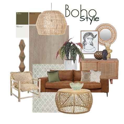 Furniture Boho Style, Boho Interior Style, Boho Interior Design Color Palette, Boho Style Decoration, Interior Styling Moodboard, Boho Interior Design Living Room, Boho Mood Board, Living Room Boho Style, Boho Moodboard