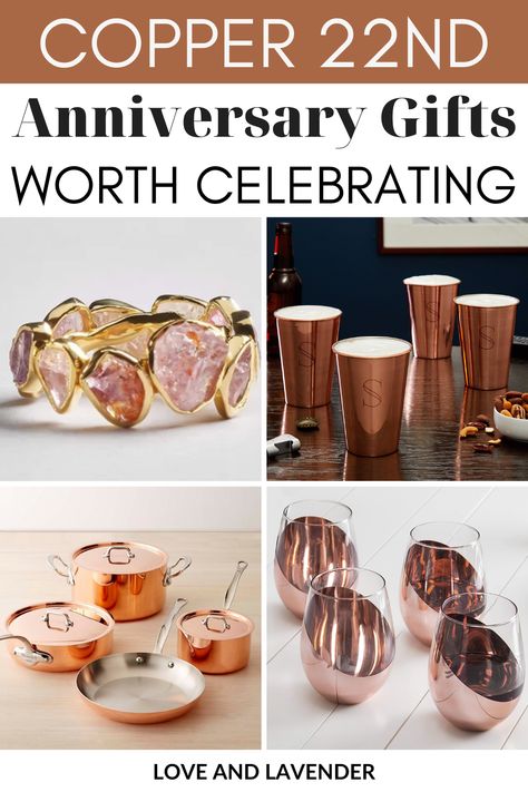 The traditional anniversary gift for the 22nd year is copper. We made a list of the best copper anniversary gift ideas in this blog. Don't miss it! Diy Copper Gifts For Him, Wedding Anniversary Gifts Traditional, Anniversary Gifts Traditional, 22 Year Anniversary, Anniversary Meanings, Copper Anniversary Gifts For Her, Bronze Anniversary Gifts For Her, Unique Copper Jewelry For Anniversary, 8 Year Wedding Anniversary Gifts For Him Bronze