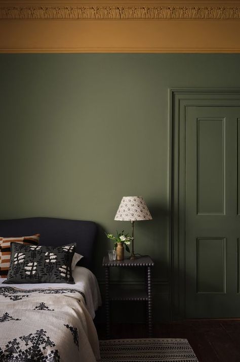 Picture of a peaceful bedroom design Office 2023, Olive Green Walls, Wooden Trim, Paint And Paper Library, Traditional Paint, Palette Ideas, Paint Paper, Green Paint Colors, Paint Brands