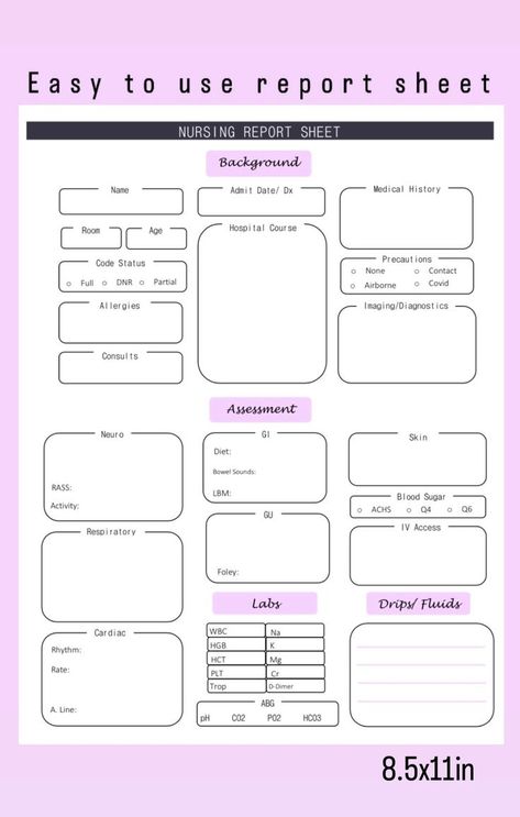 Easy to use nursing report sheet. Made by an ICU nurse, this template is easy to use in every day handoff. NEW and improved format based on feedback from nurses. An optional back page is included for those that enjoy writing out medication times and tasks! Nurse Report Sheet Templates, Charting For Nurses, D Dimer, Nurse Report Sheet, Nursing School Motivation, Skin Diet, Oncology Nursing, Enjoy Writing, Medical History