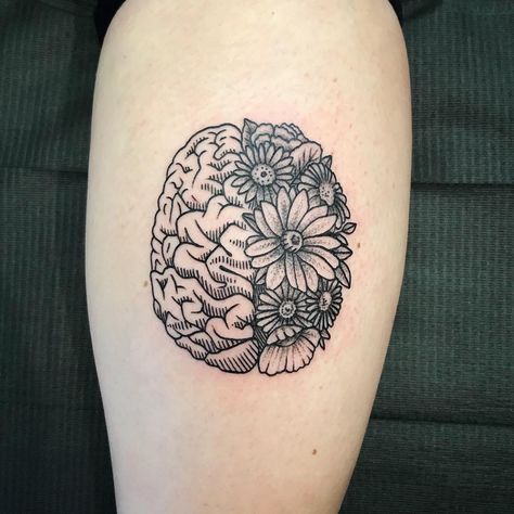 Half Brain Tattoo, Small Brain Tattoo, Brain Flower Tattoo, Flower Brain Tattoos, Brain With Flowers Tattoo, Floral Brain Tattoo, Brain Tattoo Ideas, Brain Tattoos, Biblical Tattoos