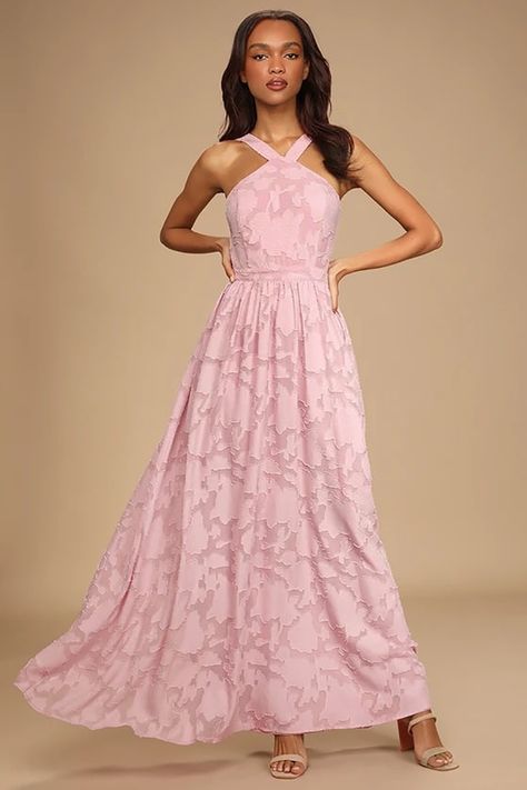 Once you catch a glimpse of yourself in the Lulus Love and Beyond Mauve Pink Burnout Floral Maxi Dress, you'll never let it go! This flowy dress has a woven chiffon composition, with a burnout floral design throughout, that shapes a modified halter neckline with wide tank straps and a sleeveless princess-seamed bodice. A high, banded waist tops an A-line silhouette before cascading down to a maxi-length skirt. Hidden back zipper/clasp. Fit: This garment runs small - please size up. Length: Floor Black Tie Wedding Guest Dress, Dresses Lulus, Pink Floral Maxi Dress, Black Tie Wedding Guests, Floral Bridesmaid, Lulus Dresses, Pink Bridesmaid Dresses, Pink Maxi, Black Tie Wedding