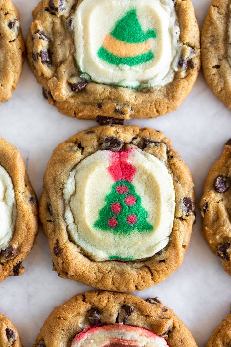 Christmas Chocolate Chip Sugar Cookies - classic chocolate chip cookies with festive sugar cookies baked right on top for the ultimate easy Christmas cookies! Chocolate Chip Sugar Cookies, Easy Christmas Cookies, Classic Chocolate Chip Cookies, Christmas Cookie Recipes Holiday, Christmas Baking Cookies, Easy Christmas Cookie Recipes, Christmas Baking Recipes, Christmas Candy Recipes, Christmas Cookies Easy