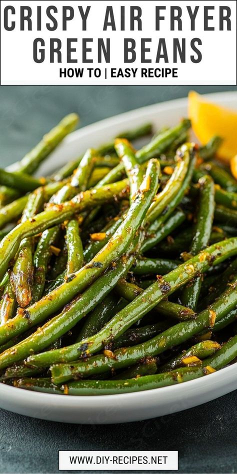 These crispy air fryer green beans are a quick and healthy side dish. Tossed with olive oil and garlic powder, they’re the perfect veggie snack! Air Fryer Garlic Green Beans, Crispy Air Fryer Green Beans, Air Fryer Carrots And Green Beans, Air Fryer Roasted Green Beans, Air Fry Green Bean Recipes, Airfry Green Bean Recipes, Air Fryer Beans, Green Bean Air Fryer Recipes, Crispy Green Beans Air Fryer