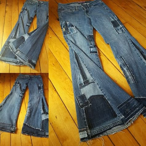 Patchwork Bell Bottoms Bell Bottom Jeans Pattern, Diy Jean Bottoms, Custom Bell Bottom Jeans, Diy Denim Bell Bottoms, Patchwork Bell Bottoms, Custom Patchwork Jeans, Patchwork Bell Bottom Jeans, Jeans Patchwork Diy, Upcycled Jeans Ideas