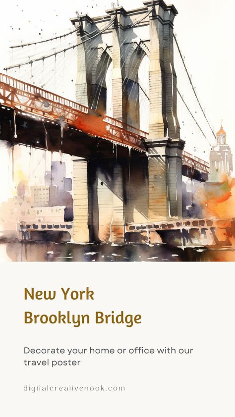 🏙️ Brooklyn Bridge Travel Poster in Watercolor Style

🖼️ Transform Your Walls Instantly:
Elevate your home decor with our Digital Travel Poster, featuring the captivating New York City Skyline and the iconic Brooklyn Bridge for printable.

✨ Key Characteristics:
🚀 Instant Download
📁 You will receive scalable 5 PDF files immediately after purchase for printing in sizes Ny Skyline, New York Wall Art, Bridge Art, Wall Art Travel, Art Travel, City Skyline, Brooklyn Bridge, Travel Poster, Us Travel