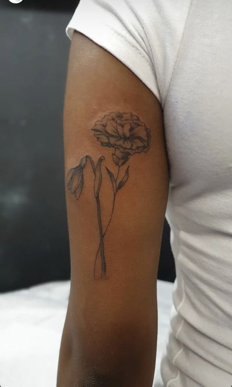 Flower Tattoos Black Women, Carnation Tattoo Sleeve, Carnation And Snowdrop Tattoo, Carnation Tattoo Design, January Flower Tattoo, Carnation And Snowdrop, Carnation Flower Tattoo, January Flower, Carnation Tattoo