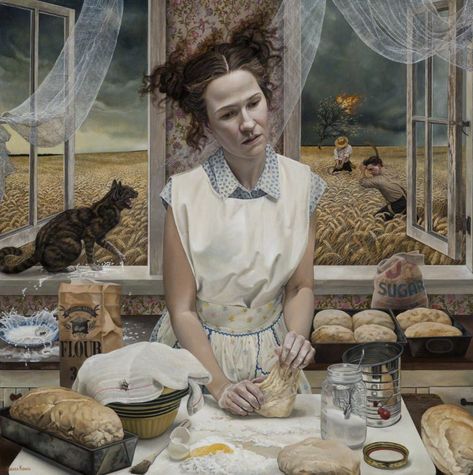 https://flic.kr/p/E3gD37 | Andrea Kowch - In the Distance [2015] | A Michigan native, Andrea Kowch cites the Midwestern landscape as the prime inspiration for her work. Kowch's charming, haunting scenes have been compared to the work of Andrew Wyeth and Alfred Hitchcock. Like Wyeth, Kowch paints in a realist style, using rural settings as metaphors for her female subjects' internal states. And as in Hitchcock's films, the scenes Kowch depicts are not what they seem; mysterious plots and back... Andrea Kowch, Strange Images, Storytelling Art, Paintings Portraits, Holy Art, Mark Ryden, Bizarre Art, Surrealism Art, Painted Ladies