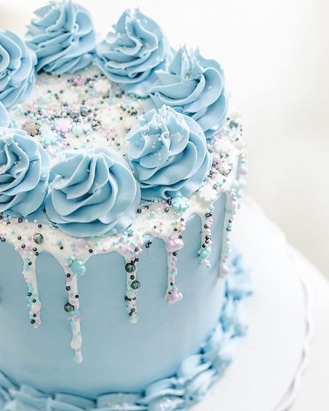 I think it’s amazing how @brittanymaycakes has revolutionised the humble drip cake & helped start the fascinating trend of The Sprinkle… Blue Frosted Cake, Blue Cake With Sprinkles, Dripping Cake Designs, Blue Sprinkle Cake, Blue Icing Cake, Blue Christmas Cake, Cake Designs Blue, Blue Bday Cake, Pastel Blue Cake