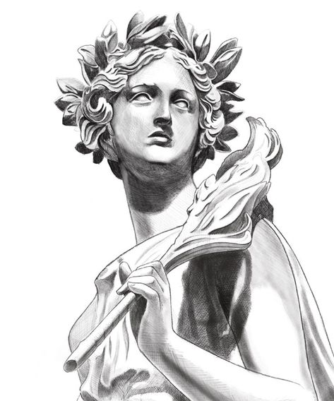 Drawing Ideas Statue, Greek Goddess Statue Drawing, Greek Sculpture Drawing Sketch, Statue Head Drawing, Roman Sculpture Drawing, Greek Statue Tattoo Drawing, Greek Mythology Sketches Drawings, Greek Sculpture Sketch, Drawing Ideas Buildings