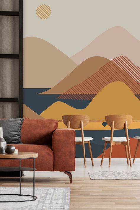 Landscape Mural Wallpaper, Ocean Mural, Abstract Wall Murals, Geometric Wall Paint, Landscape Mural, Earth Tone Color Palette, Watercolor Mural, Mountain Mural, Interior Murals