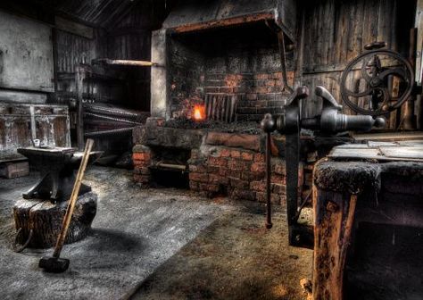 "It's a small forge, but it gets the job done. And that's all I need." Blacksmith Workshop, Rodney Smith, Man Cave Building, Blacksmith Forge, Blacksmith Tools, Blacksmith Shop, Medieval Fantasy, Greek Gods, Blacksmithing